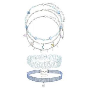 Wonder Nation Girls Blue Choker Necklace Set 5pc Hearts Stars Moon Flower Pearl